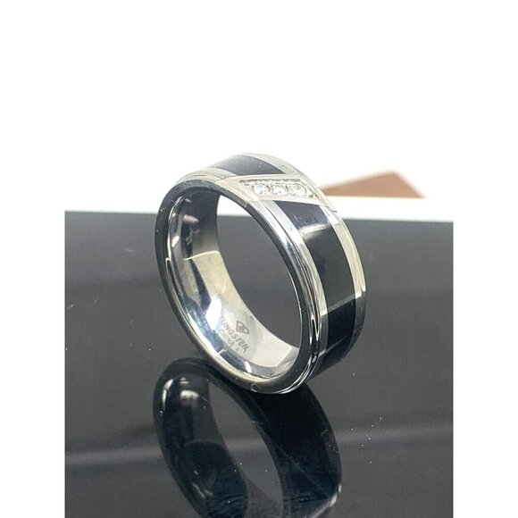 Men's Wedding Band Diamond Black Silver Tungsten Carbide 8mm Ring Size 9.75 - Picture 3 of 14